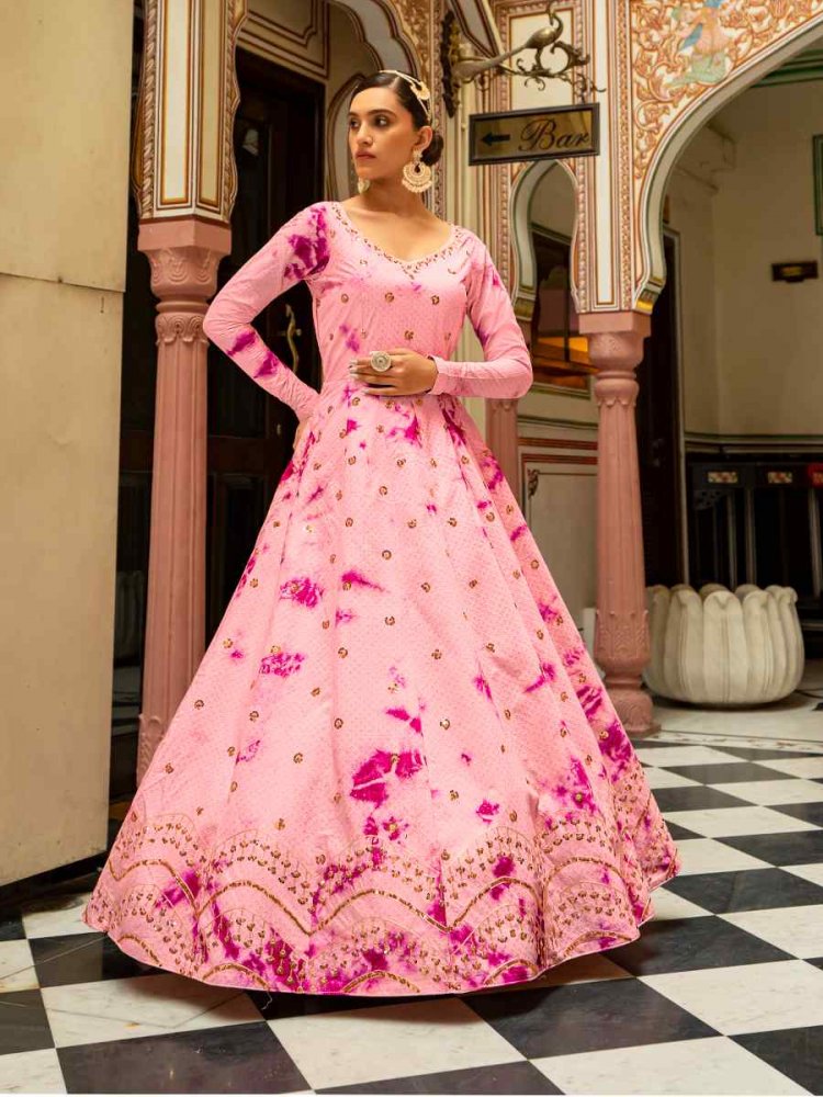 Pink Cotton Embroidered Party Wedding Gown