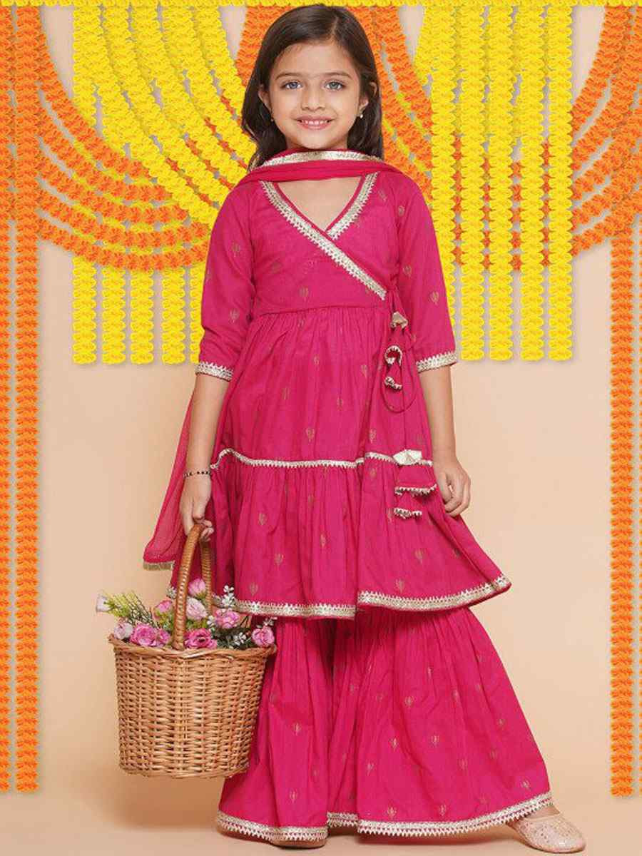 Pink Cotton Embroidered Printed Casual Festival Kurta Sharara Girls Wear