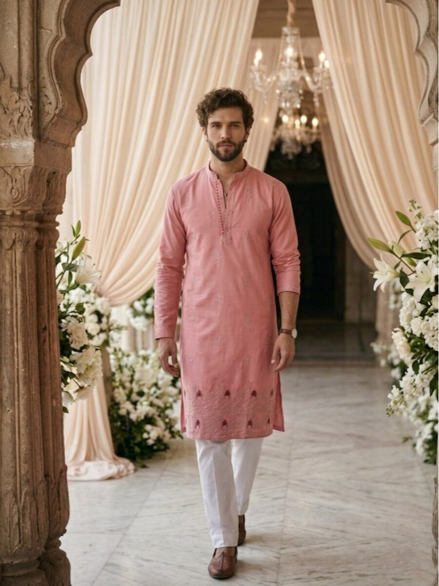 Pink Cotton Embroidery Wedding Party Festival Casual Mens Kurta