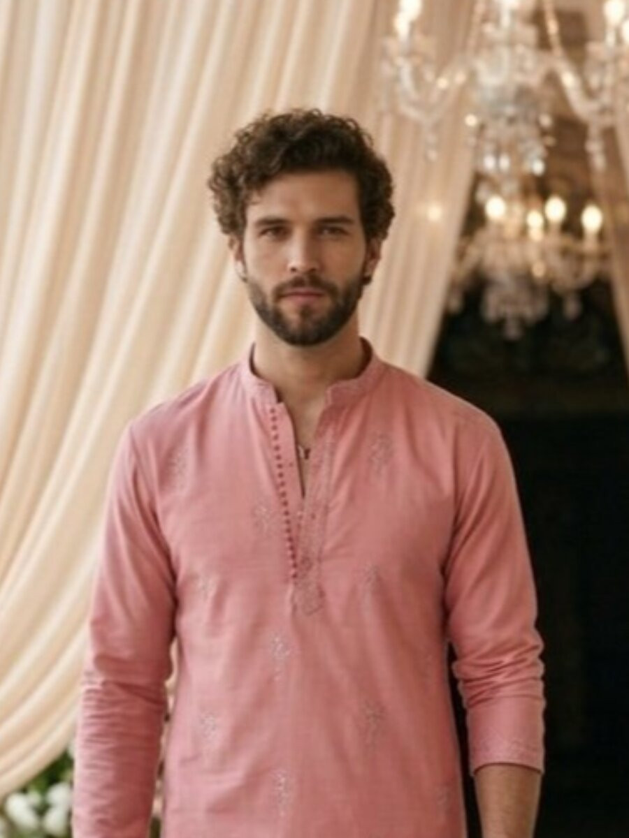 Pink Cotton Embroidery Wedding Party Festival Casual Mens Kurta
