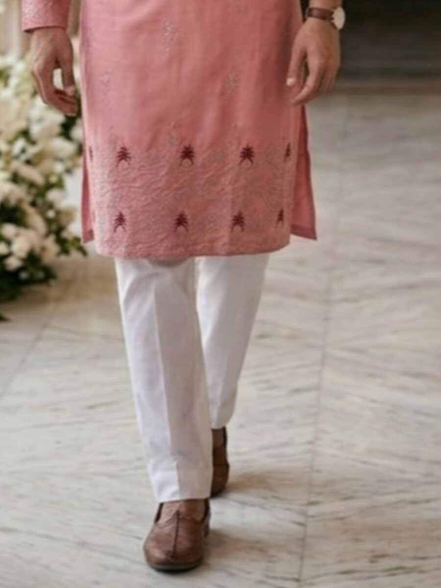 Pink Cotton Embroidery Wedding Party Festival Casual Mens Kurta