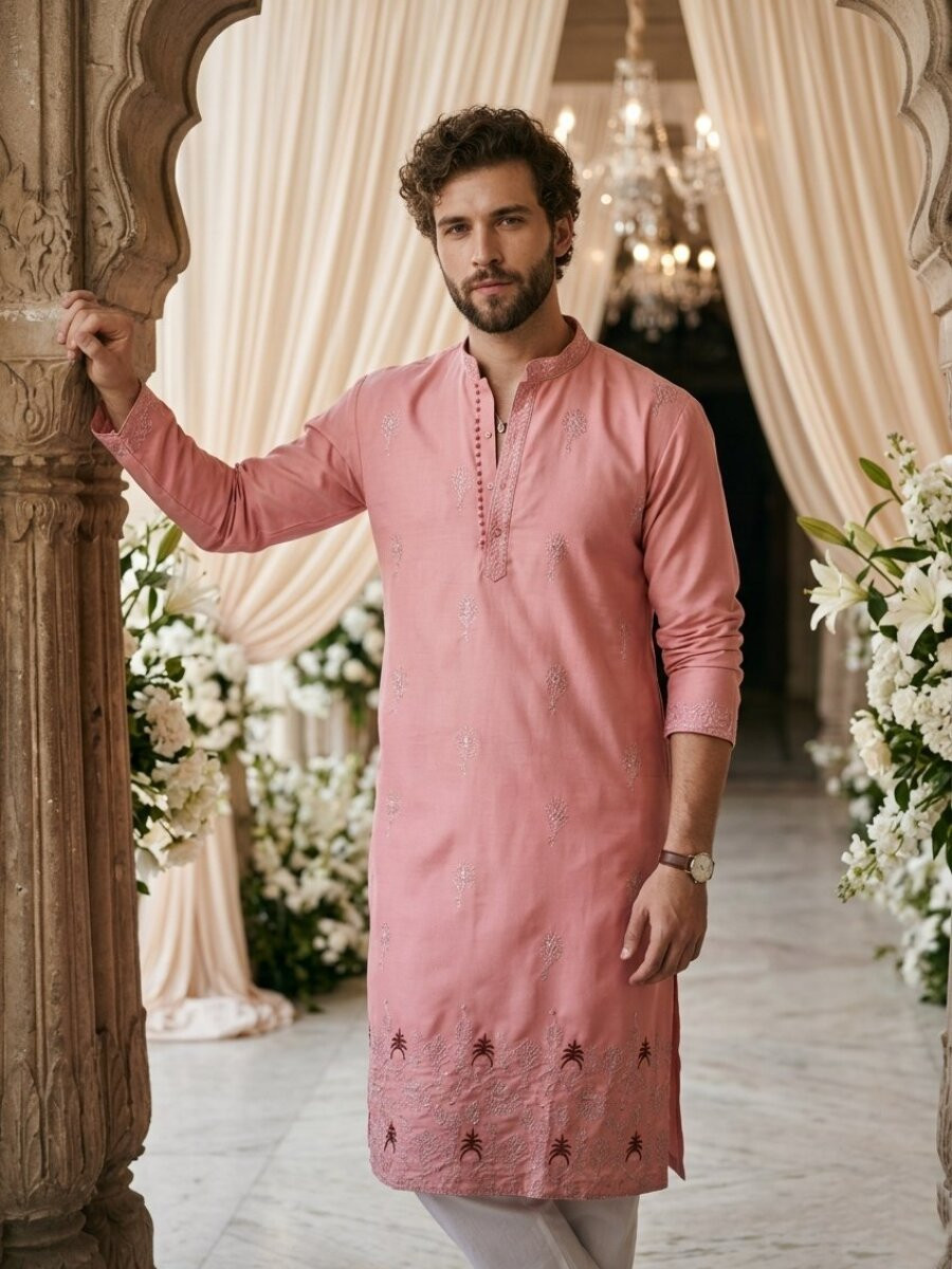Pink Cotton Embroidery Wedding Party Festival Casual Mens Kurta