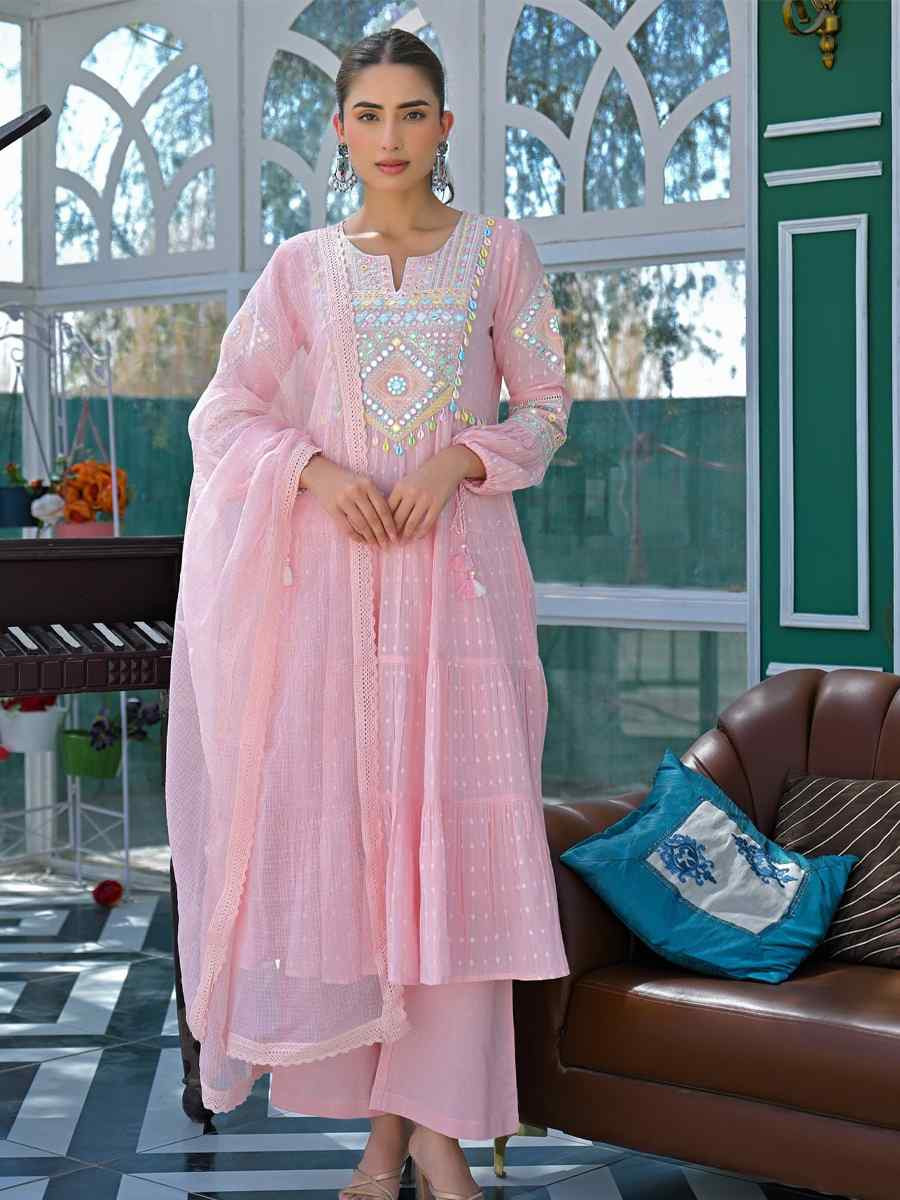 Pink Cotton Flex Embroidered Festival Wedding Palazzo Pant Salwar Kameez