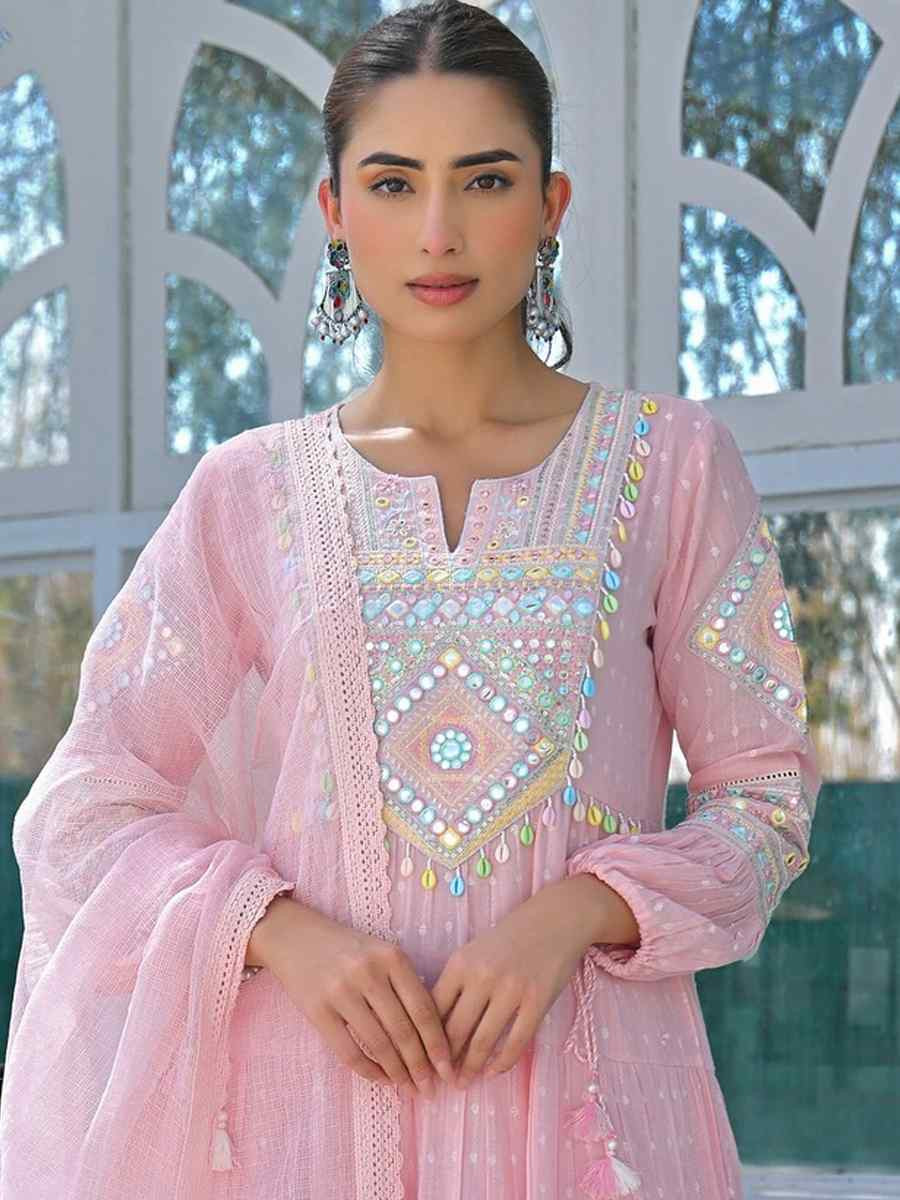 Pink Cotton Flex Embroidered Festival Wedding Palazzo Pant Salwar Kameez
