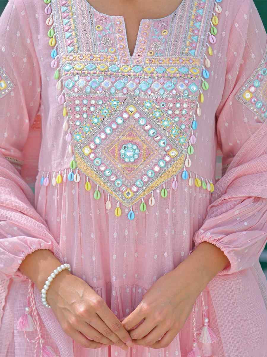 Pink Cotton Flex Embroidered Festival Wedding Palazzo Pant Salwar Kameez