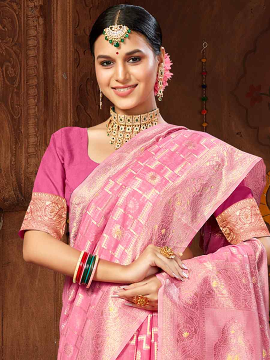 Pink Cotton Handwoven Wedding Festival Heavy Border Saree