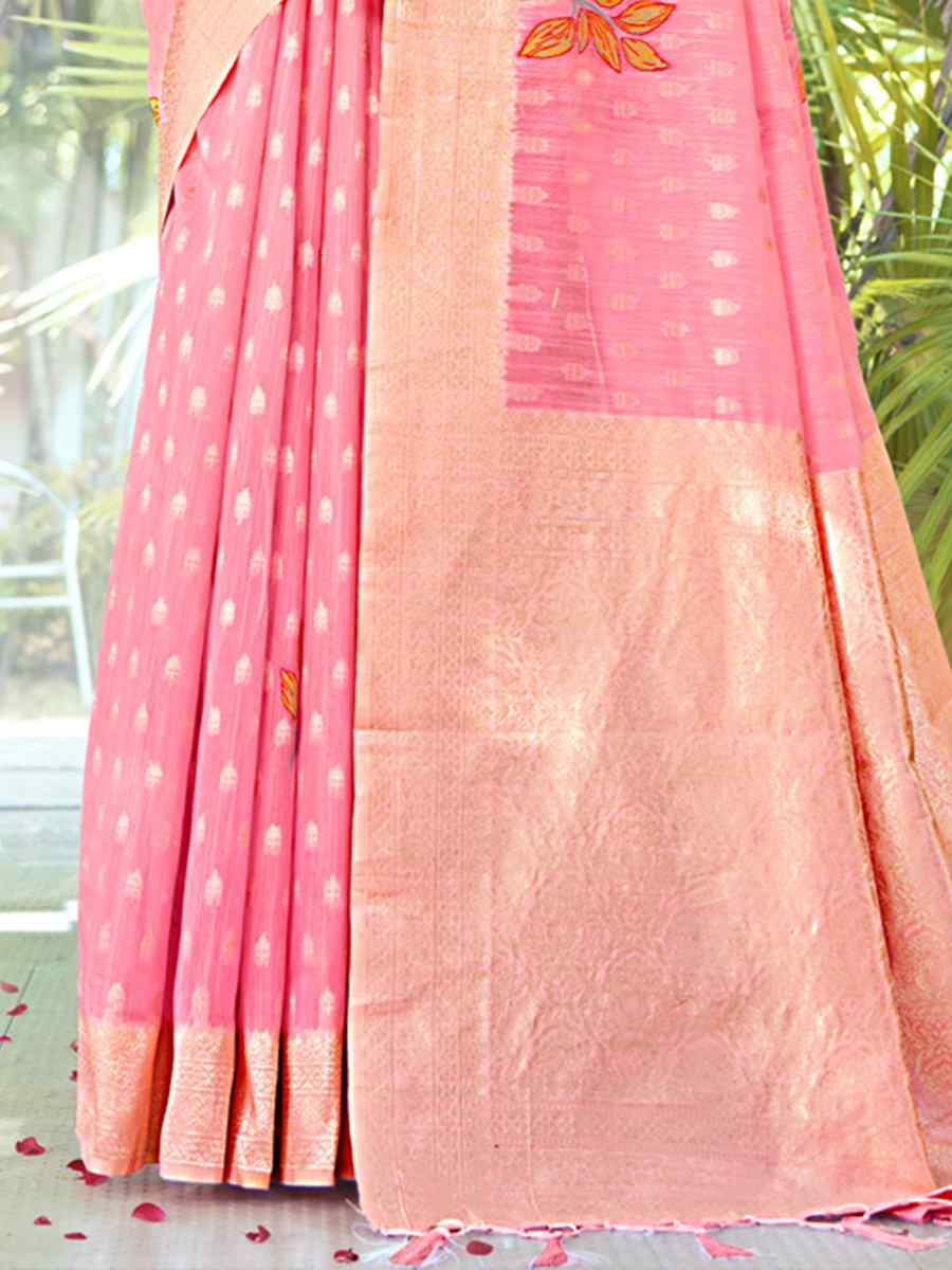 Pink Cotton Handwoven Wedding Festival Heavy Border Saree