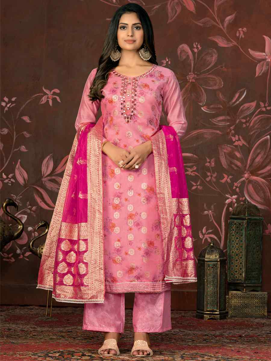 Pink Cotton Jacquard Embroidered Casual Festival Pant Salwar Kameez