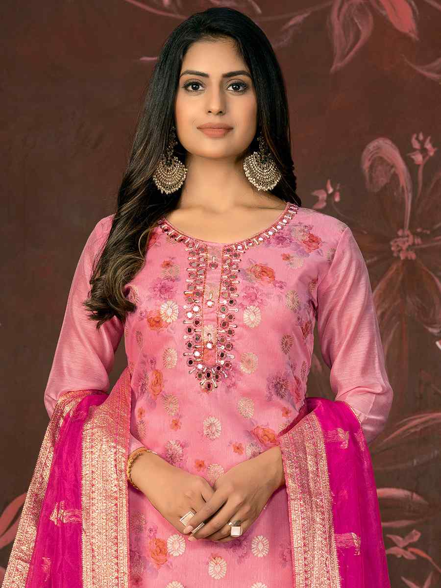Pink Cotton Jacquard Embroidered Casual Festival Pant Salwar Kameez