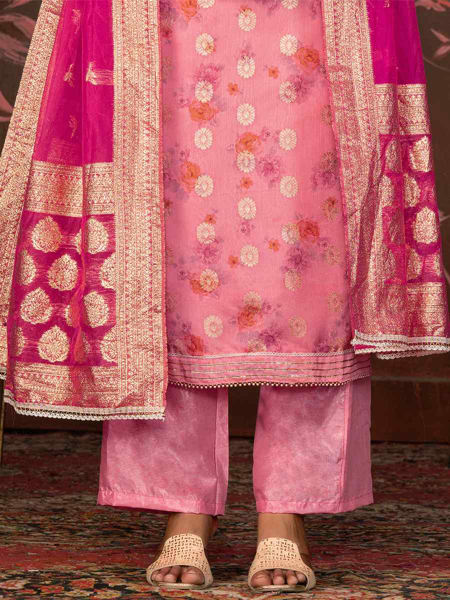 Pink Cotton Jacquard Embroidered Casual Festival Pant Salwar Kameez