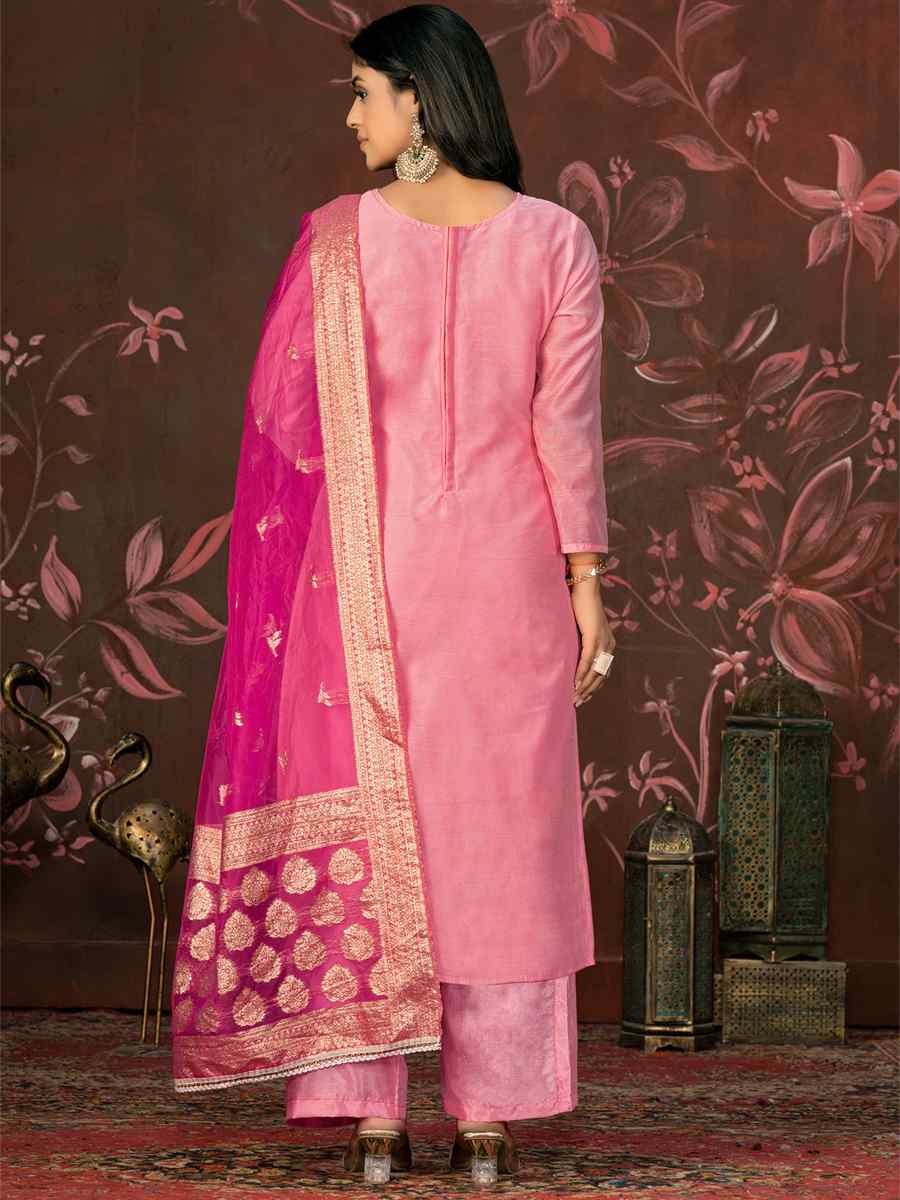 Pink Cotton Jacquard Embroidered Casual Festival Pant Salwar Kameez