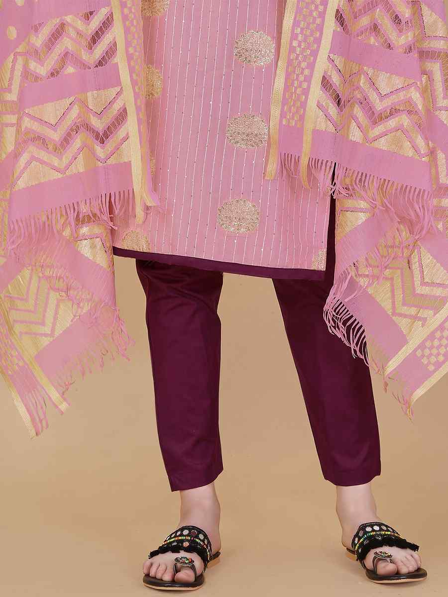 Pink Cotton Jacquard Handwoven Casual Festival Pant Salwar Kameez