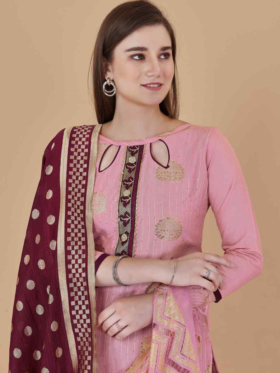 Pink Cotton Jacquard Handwoven Casual Festival Pant Salwar Kameez