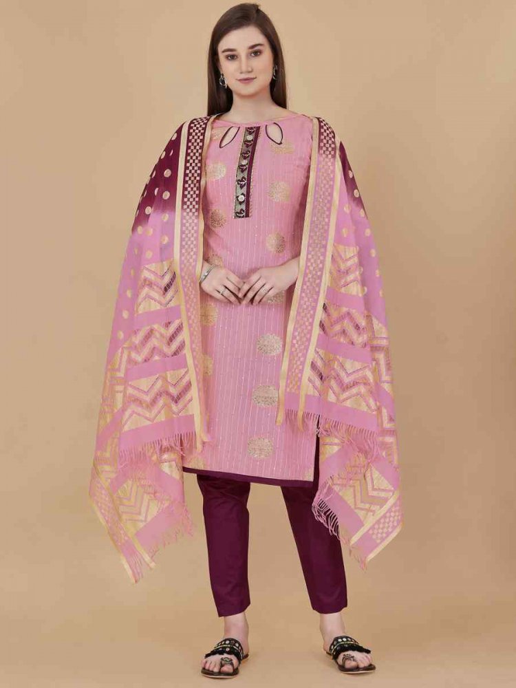 Pink Cotton Jacquard Handwoven Casual Festival Pant Salwar Kameez