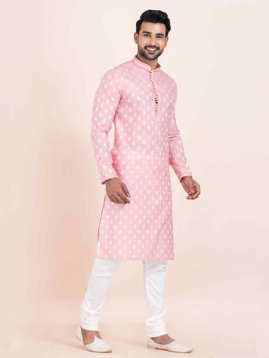 Pink Cotton Jacquard Printed Festival Wedding Kurta Pyjama Men039s Wear