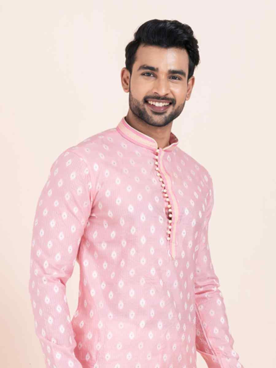Pink Cotton Jacquard Printed Festival Wedding Kurta Pyjama Men039s Wear