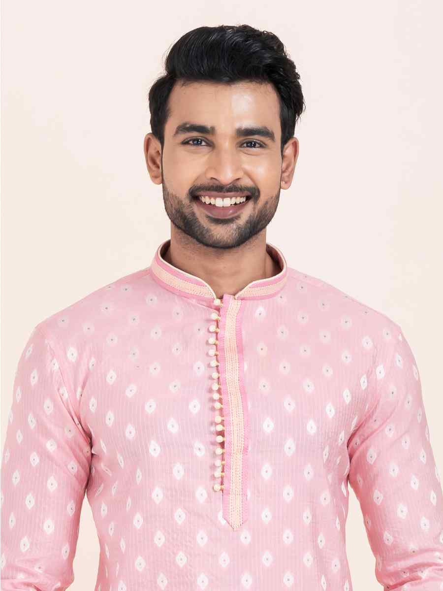 Pink Cotton Jacquard Printed Festival Wedding Kurta Pyjama Men039s Wear