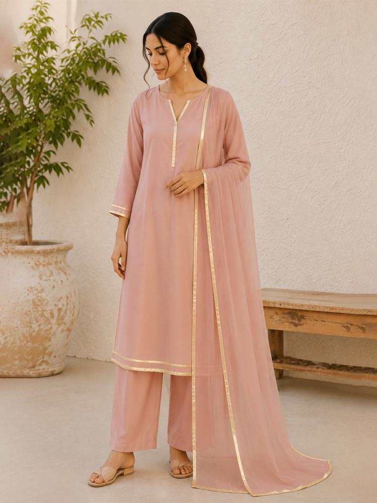Image of Pink Cotton Lace Work Wedding Party Festival Casual Ready Palazzo Pant Salwar Kameez