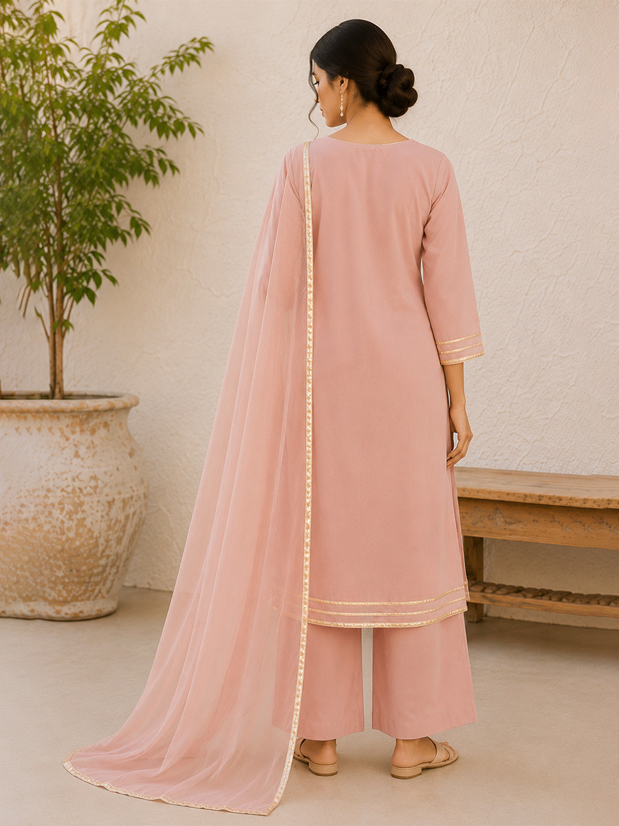 Pink Cotton Lace Work Wedding Party Festival Casual Ready Palazzo Pant Salwar Kameez