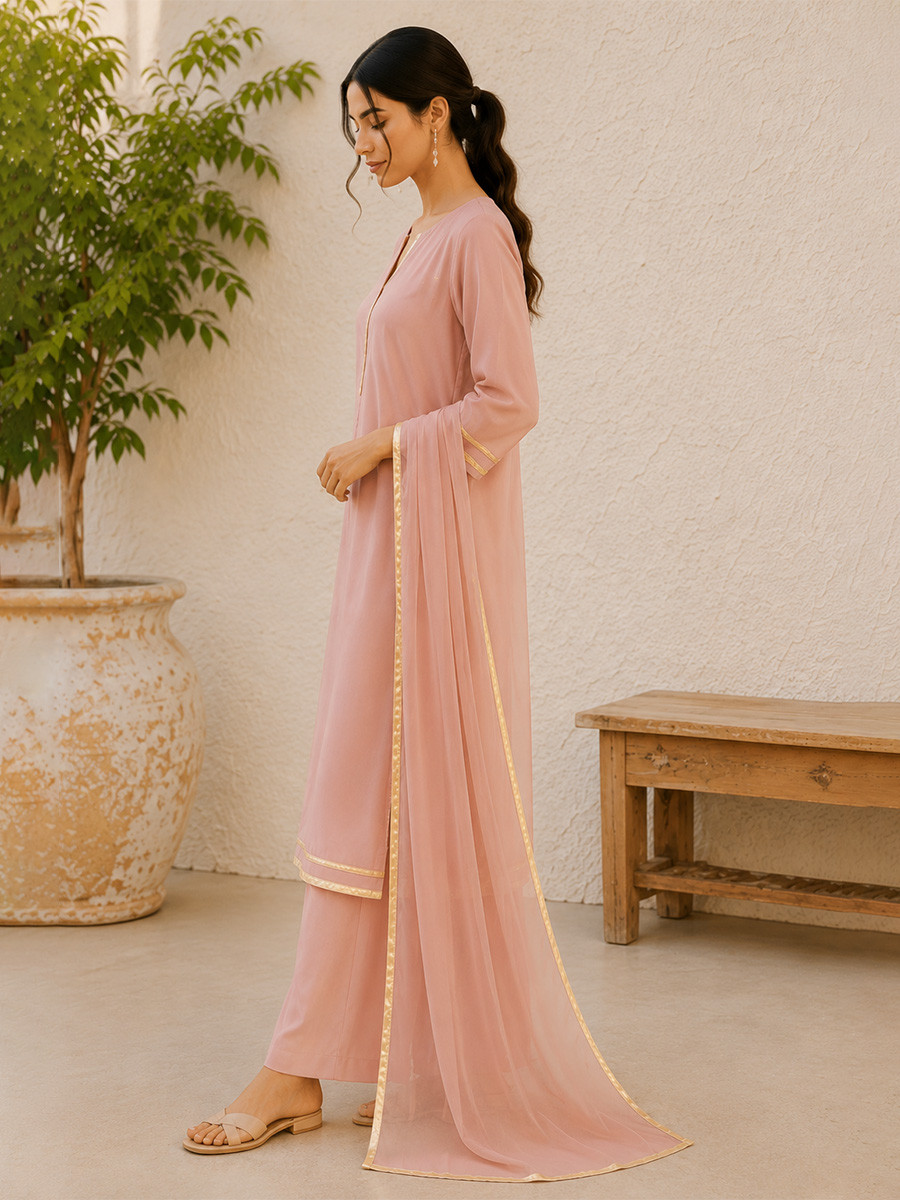 Pink Cotton Lace Work Wedding Party Festival Casual Ready Palazzo Pant Salwar Kameez