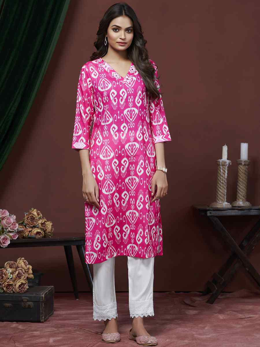 Pink Cotton Linen Embroidered Festival Casual Kurti