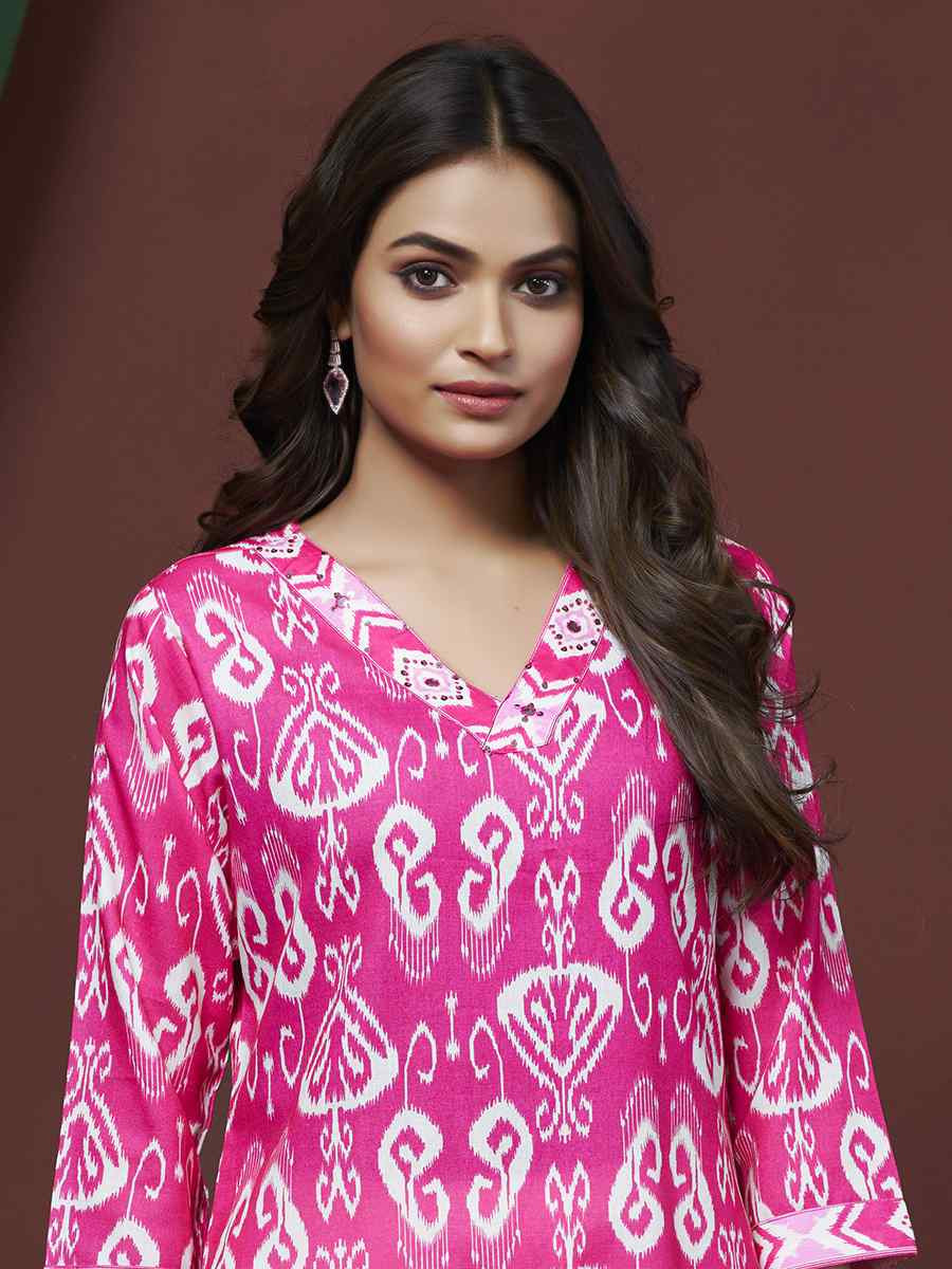 Pink Cotton Linen Embroidered Festival Casual Kurti