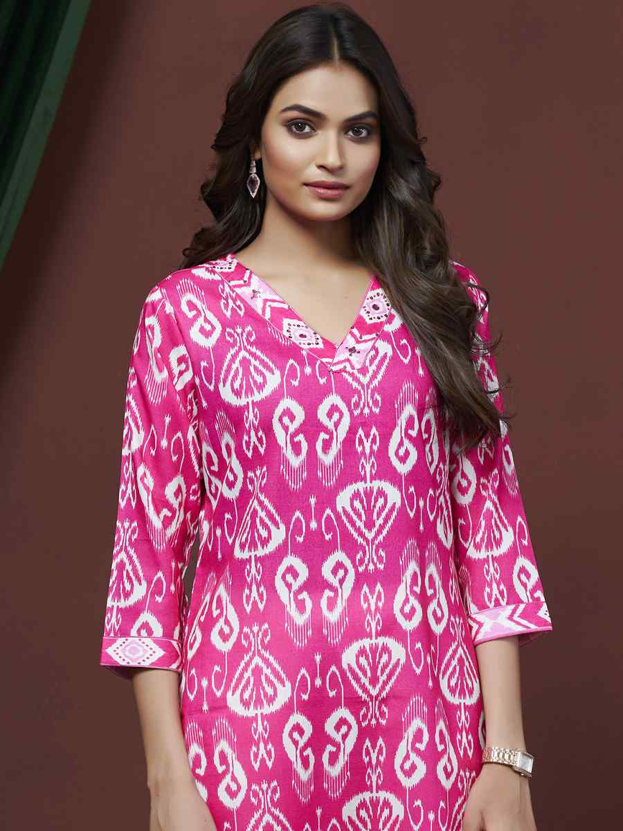 Pink Cotton Linen Embroidered Festival Casual Kurti