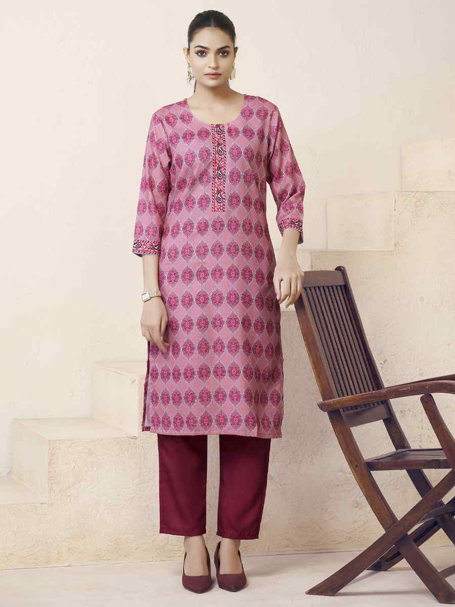 Pink Cotton Linen Embroidered Festival Casual Kurti