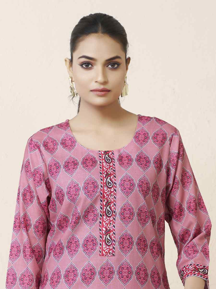 Pink Cotton Linen Embroidered Festival Casual Kurti