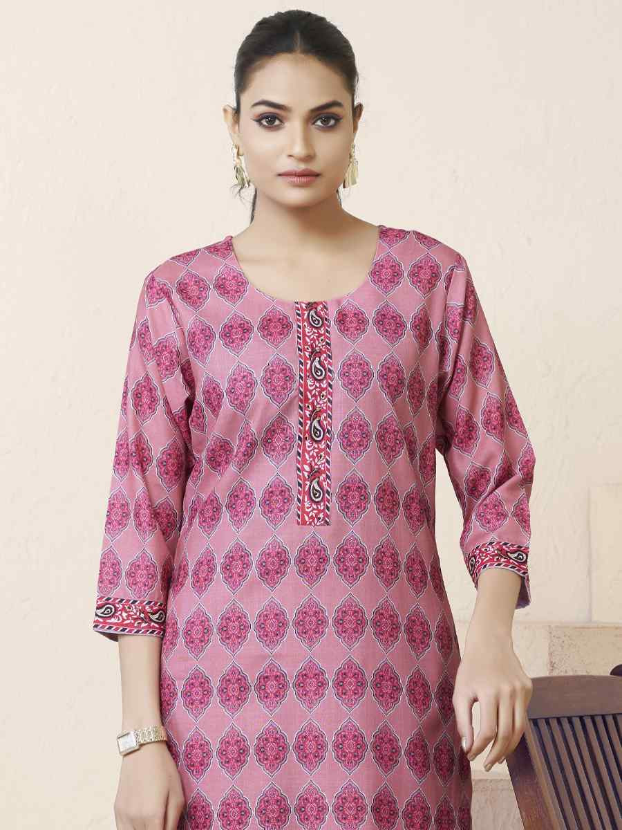 Pink Cotton Linen Embroidered Festival Casual Kurti