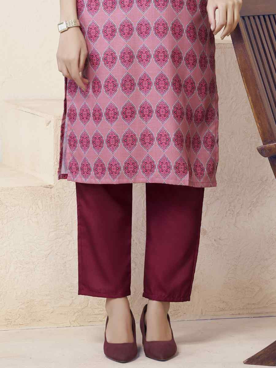 Pink Cotton Linen Embroidered Festival Casual Kurti