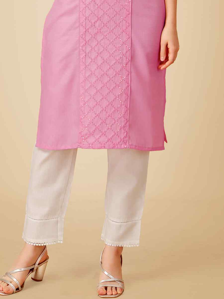 Pink Cotton Magic Slub Embroidered Festival Casual Kurti With Bottom