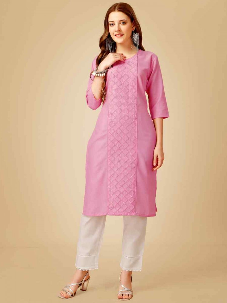 Pink Cotton Magic Slub Embroidered Festival Casual Kurti With Bottom