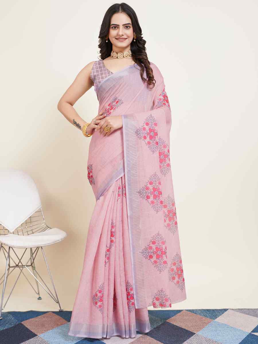 Pink Cotton Printed Casual Festival Contemporary Saree
