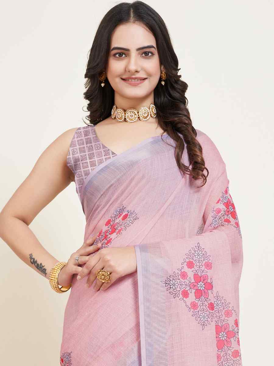 Pink Cotton Printed Casual Festival Contemporary Saree