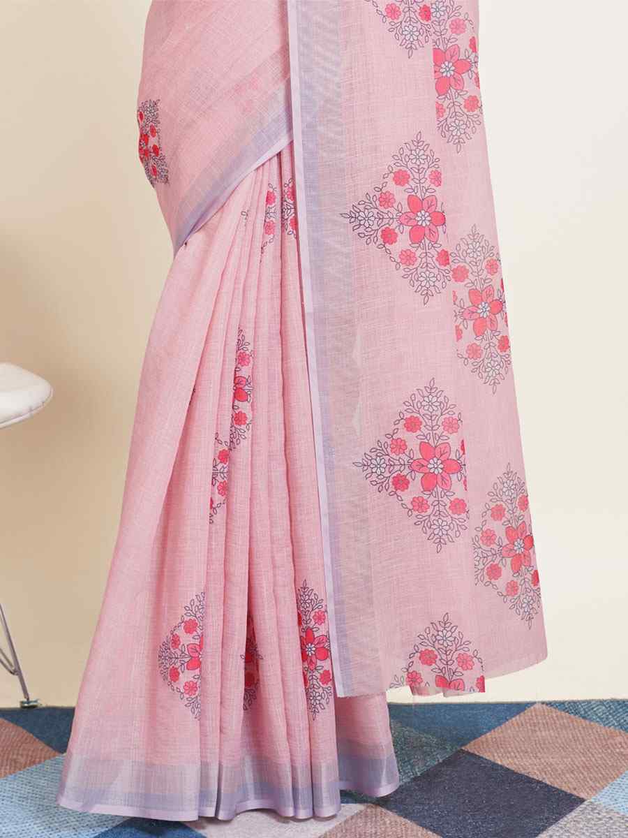 Pink Cotton Printed Casual Festival Contemporary Saree