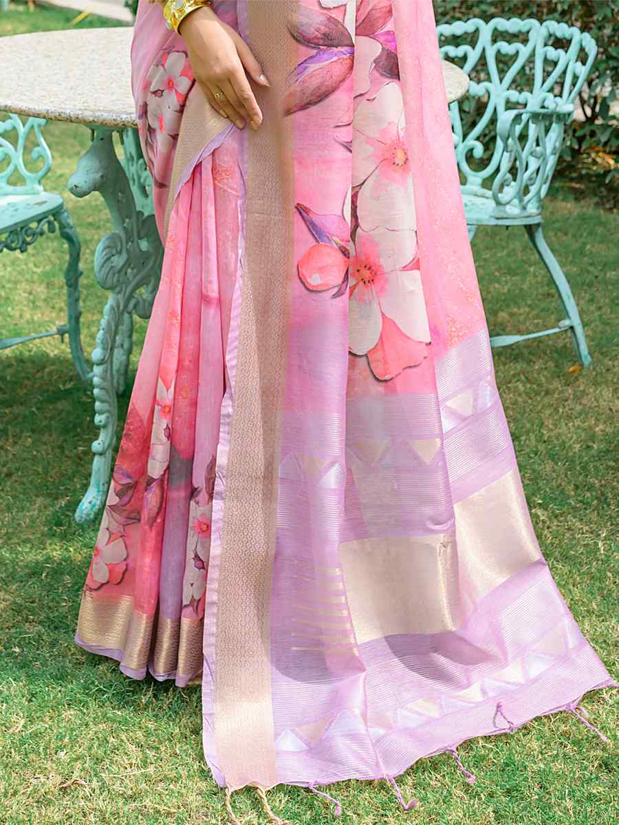 Pink Cotton Printed Casual Festival Contemporary Saree