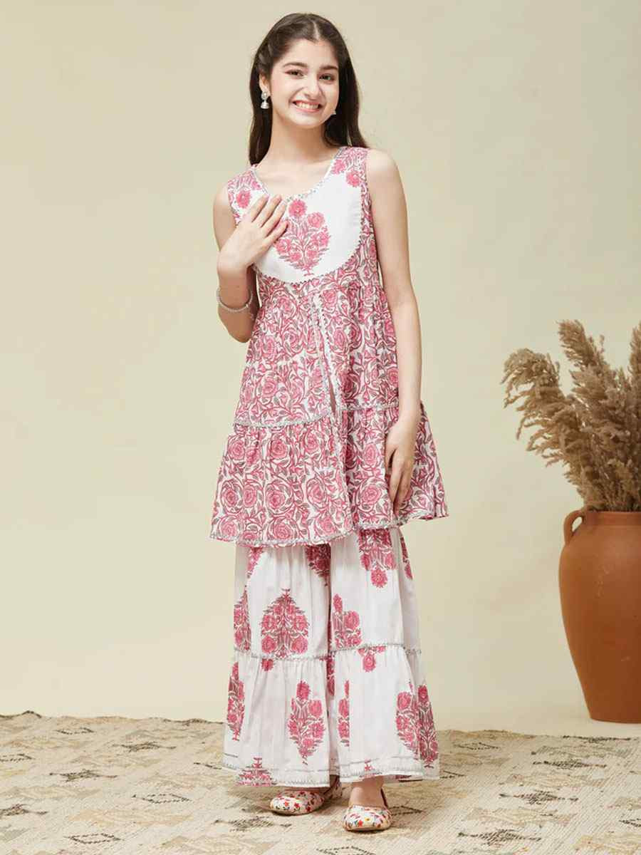 Pink Cotton Printed Casual Festival Kurta Sharara Girls Wear