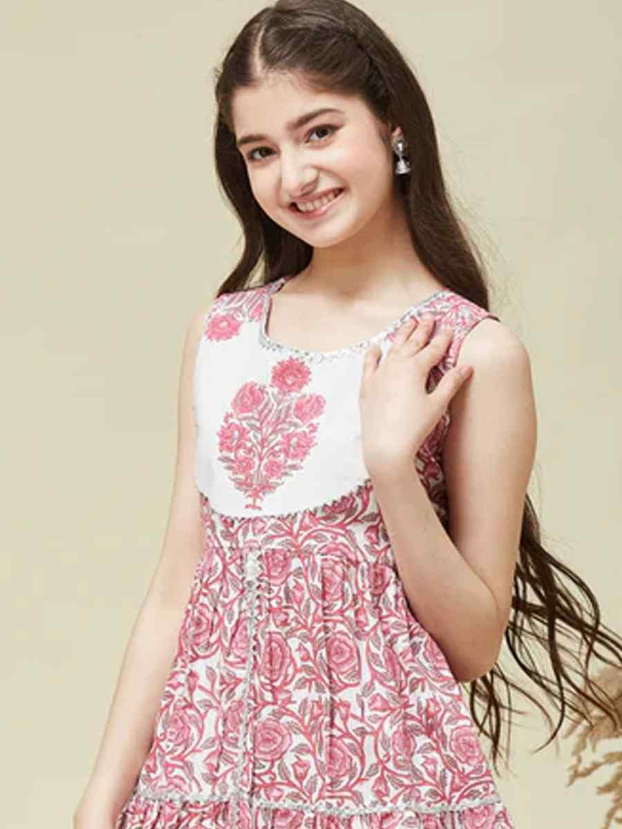 Pink Cotton Printed Casual Festival Kurta Sharara Girls Wear