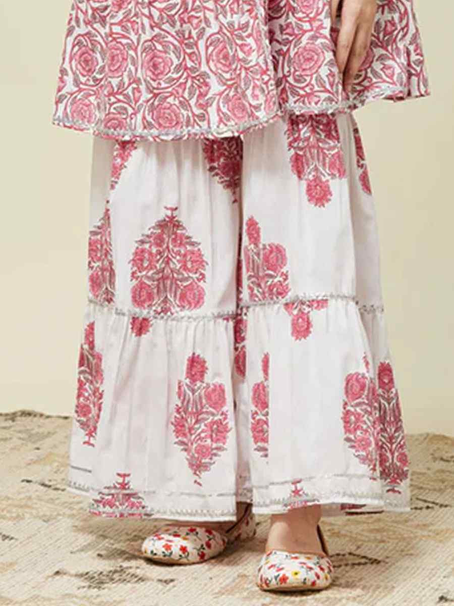 Pink Cotton Printed Casual Festival Kurta Sharara Girls Wear
