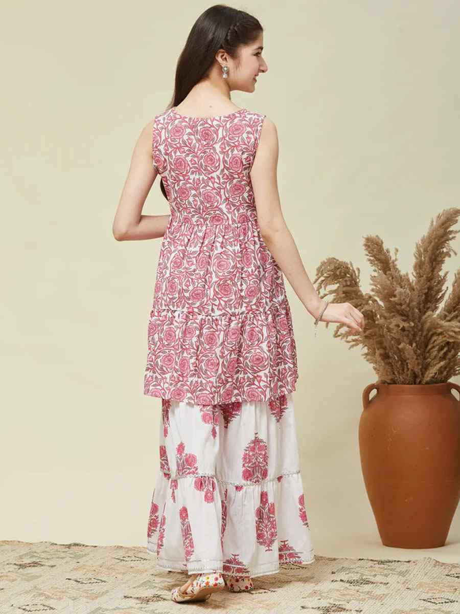 Pink Cotton Printed Casual Festival Kurta Sharara Girls Wear
