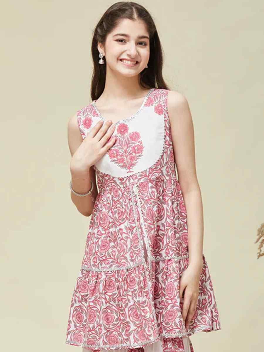 Pink Cotton Printed Casual Festival Kurta Sharara Girls Wear