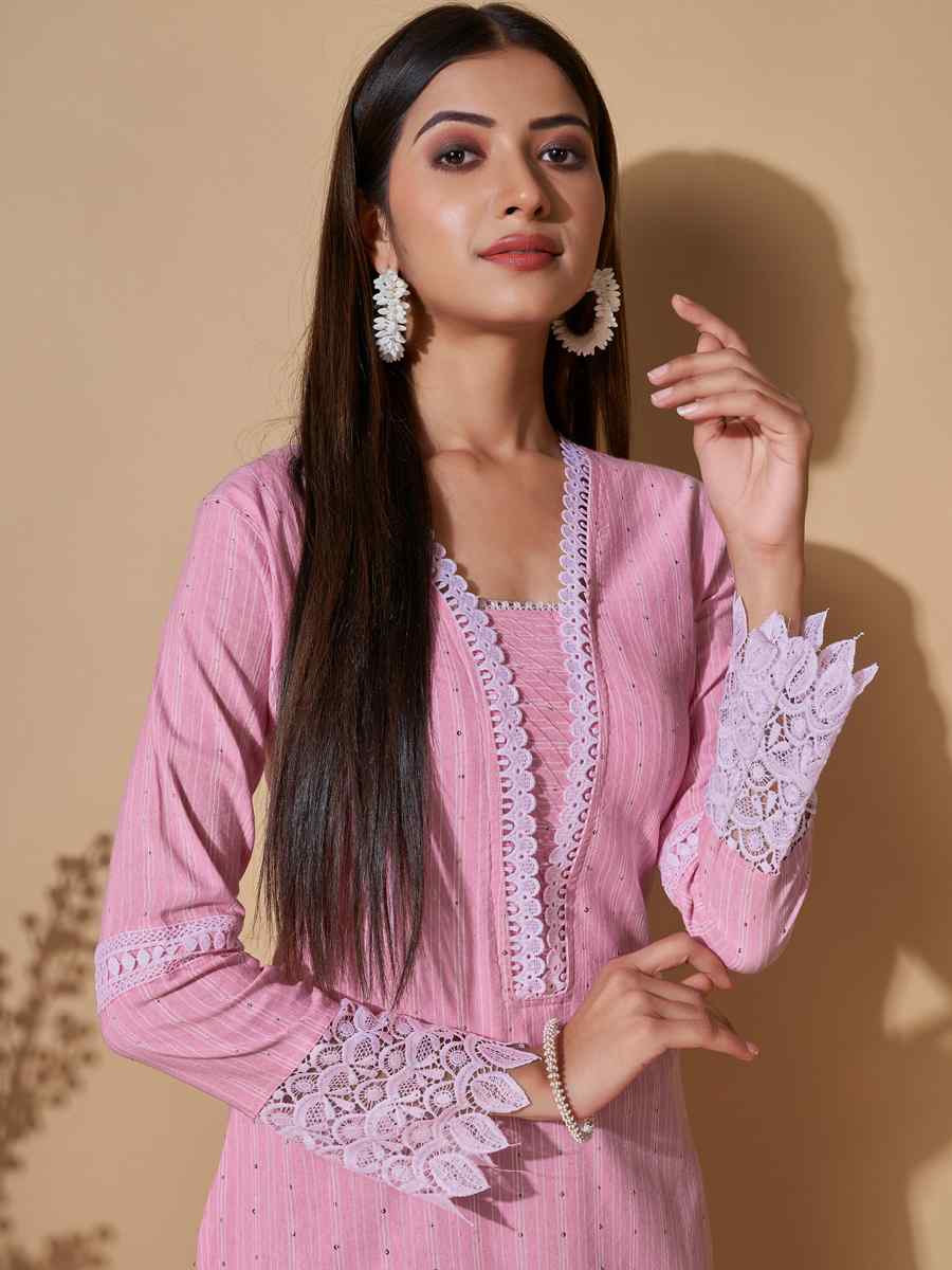 Pink Cotton Printed Casual Festival Kurti