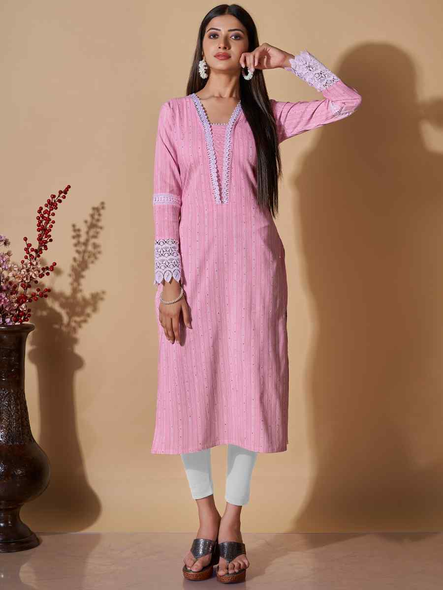 Pink Cotton Printed Casual Festival Kurti