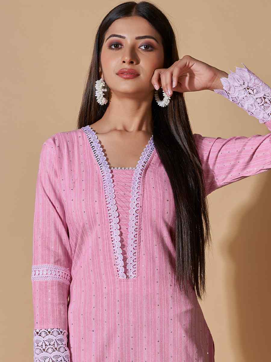 Pink Cotton Printed Casual Festival Kurti