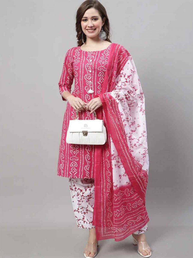 Pink Cotton Printed Casual Festival Patiala Salwar Kameez