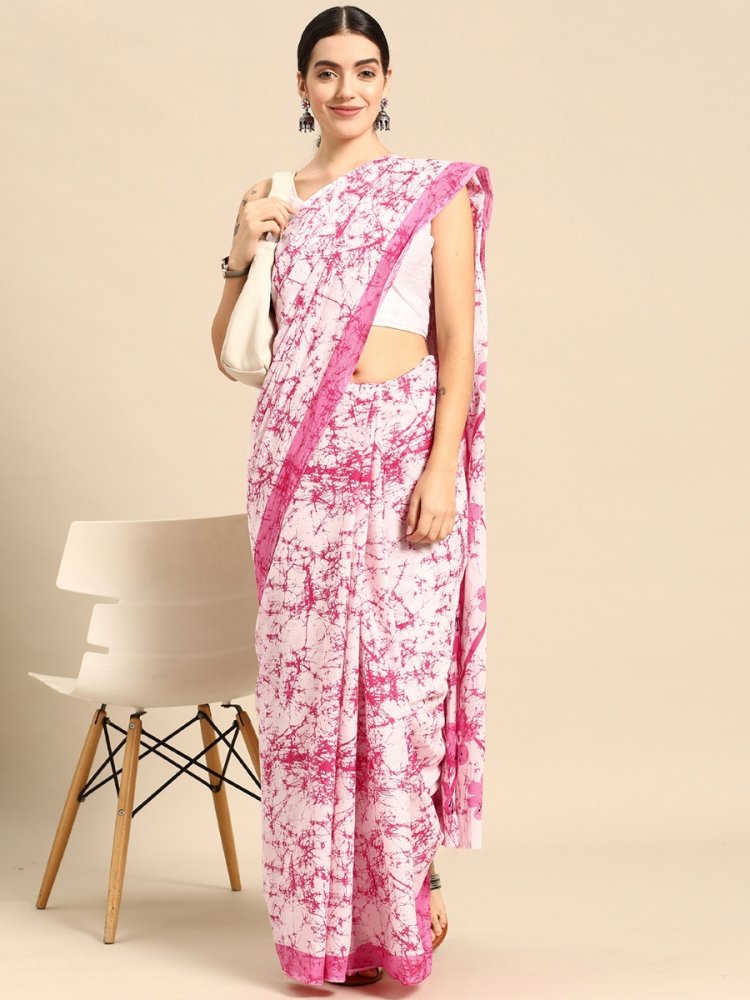 Pink Cotton Printed Festival Casual Contemporary Sarees