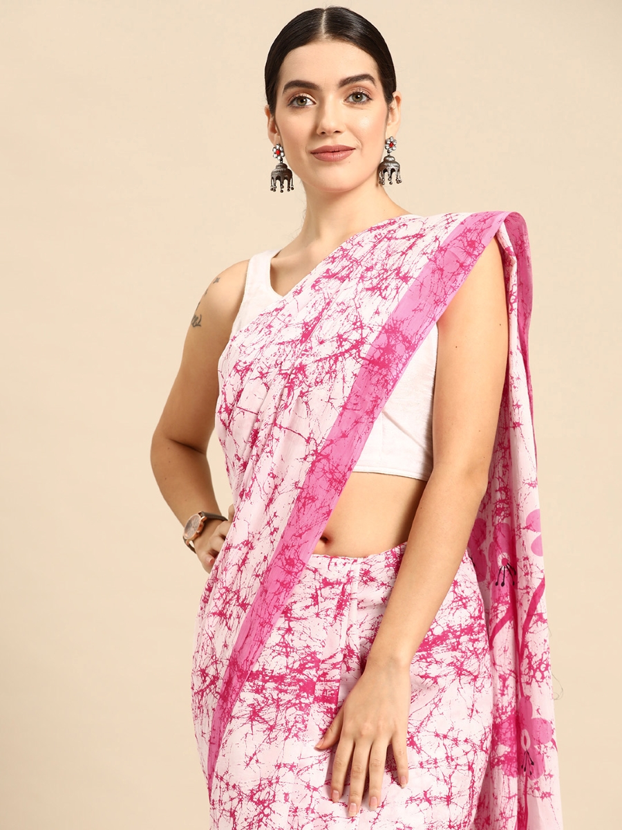 Pink Cotton Printed Festival Casual Contemporary Sarees