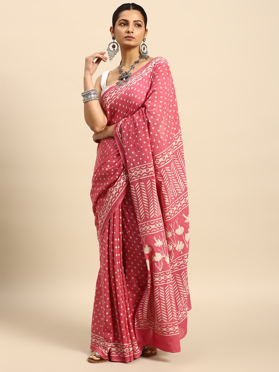 Pink Cotton Printed Festival Casual Contemporary Sarees