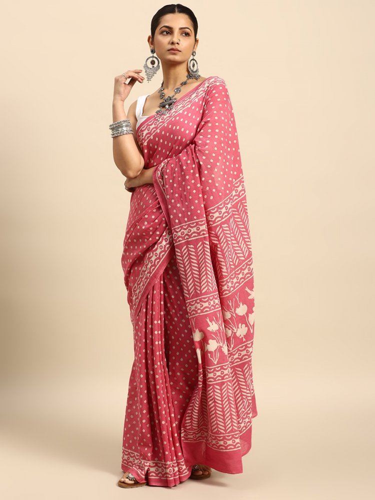 Pink Cotton Printed Festival Casual Contemporary Sarees